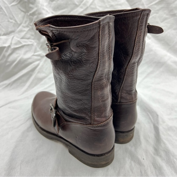 Frye harness buckle strap brown leather mid calf boots moto riding motorcycle 7B - Picture 7 of 16